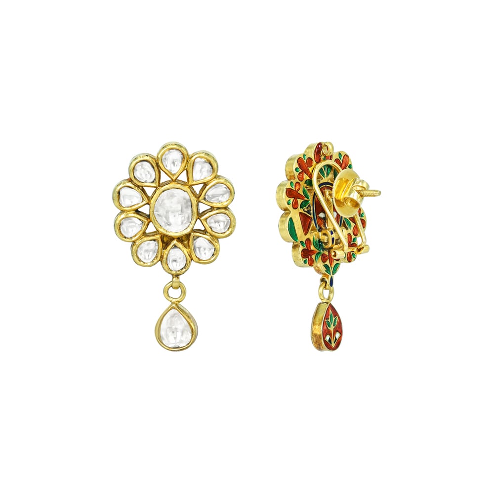 Floral Polki Earrings with Teardrop Dangling